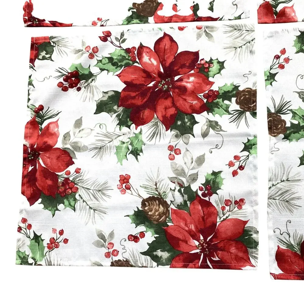Christmas Napkins set (4) festive printed cloth red poinsettias & greenery